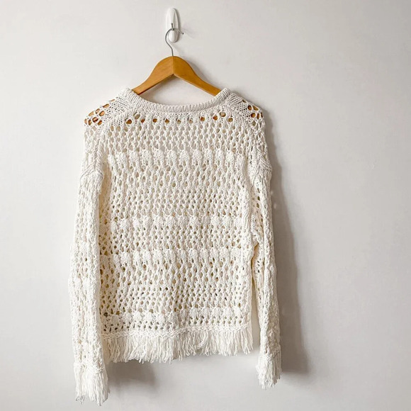 Zara Open Knit Sweater With Fringing Ecru White Size Small - Picture 6 of 8